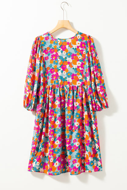 Sky Blue Floral Print Bubble Sleeve Dress