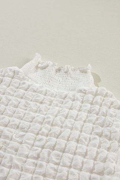 White Textured Smocked Mock Neck Puff Sleeve Top