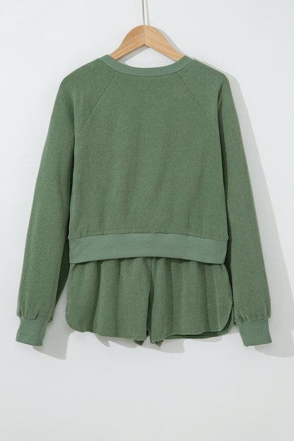 Green Fleece Two-piece Cropped Pullover and Shorts Set