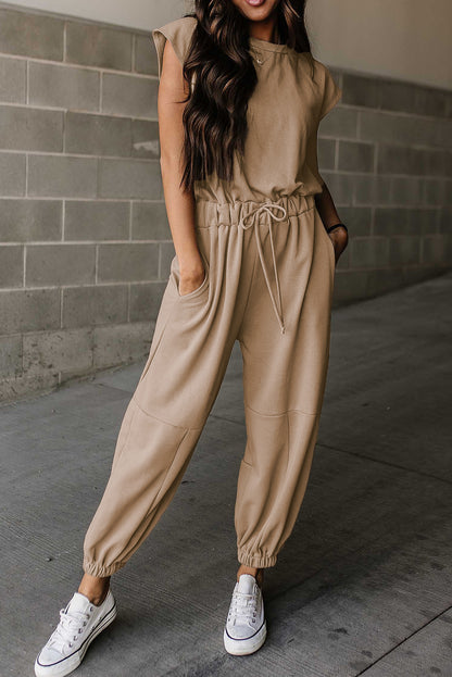 Light French Beige Back Drawstring Jogger Jumpsuit