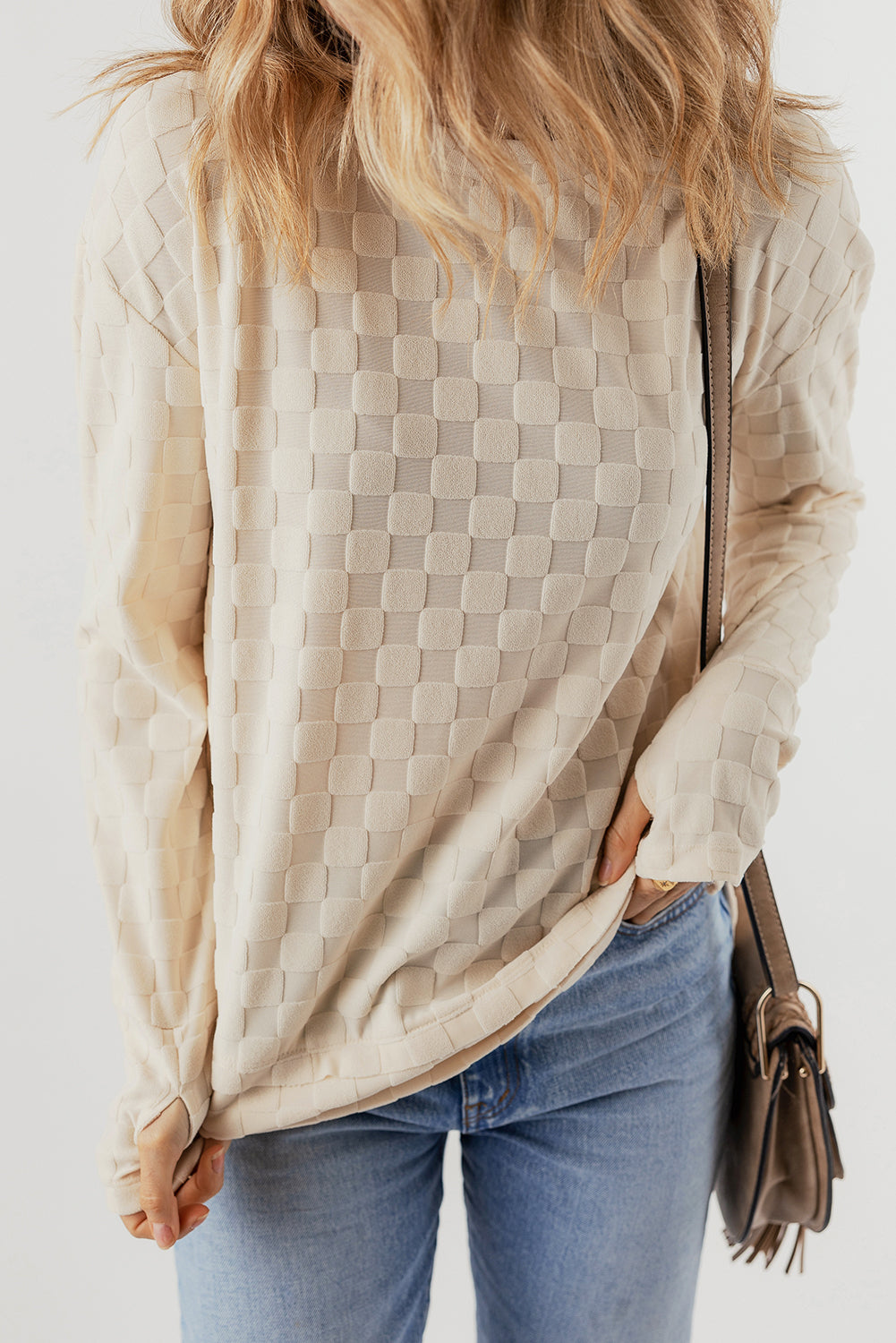 Beige Solid Textured Thumbhole Sleeve Top