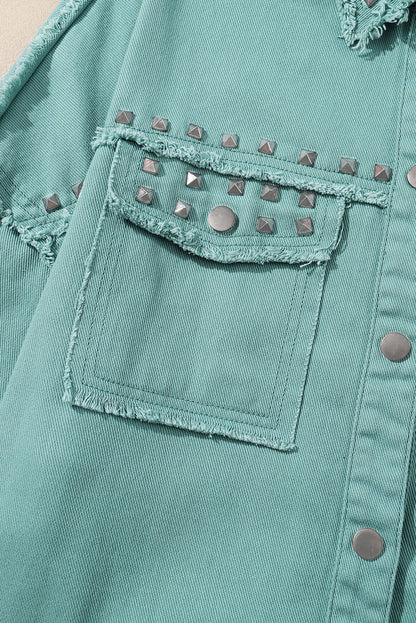 Mist Green Frayed Trim Riveted Denim Jacket