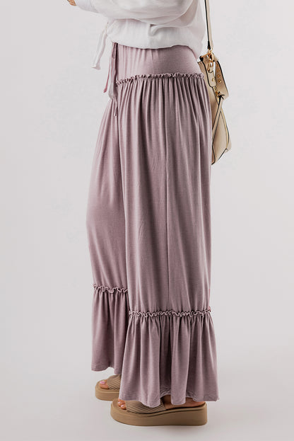 Khaki Frilled High Waist Wide Leg Pants