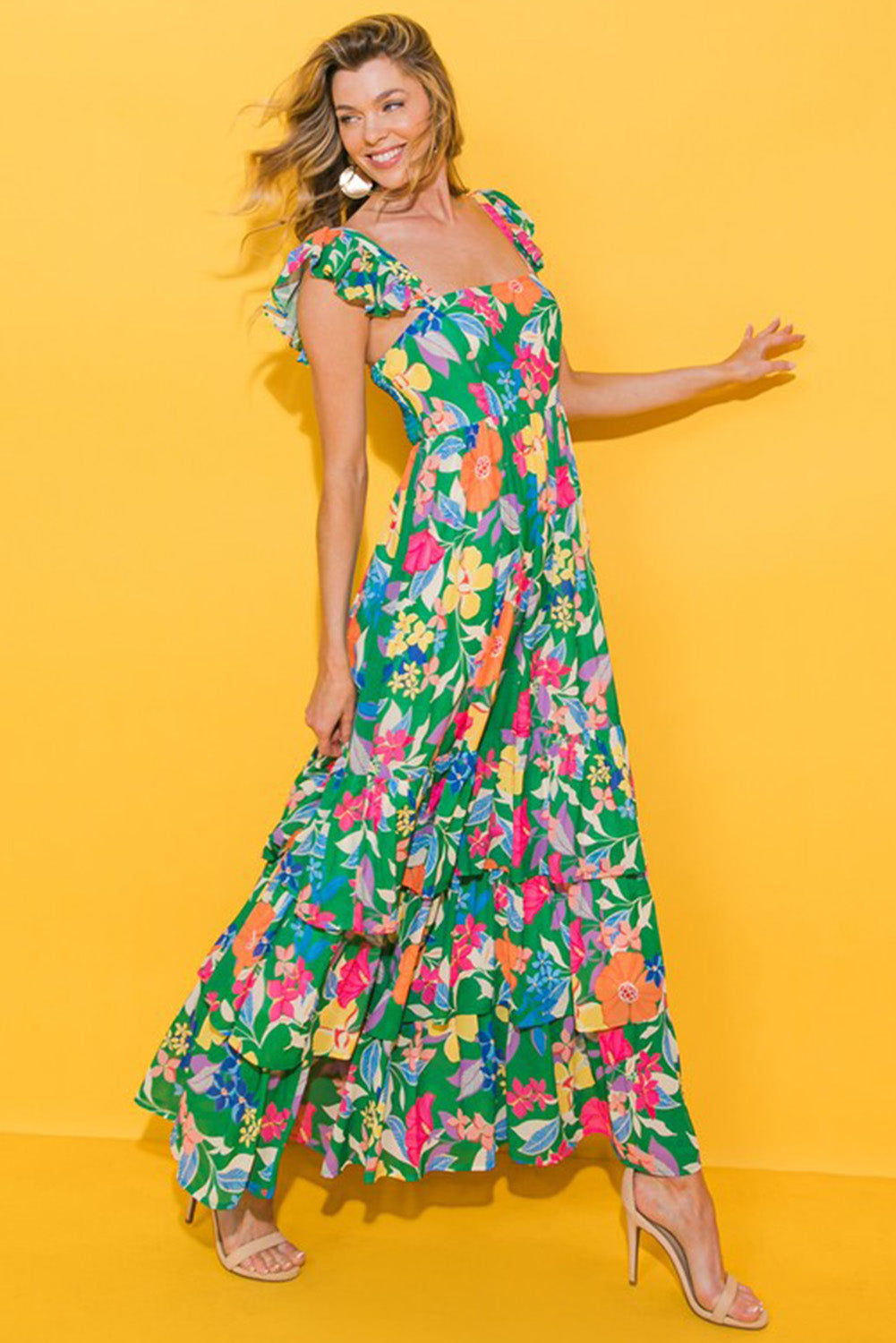 Green Floral Print Ruffle Maxi Dress