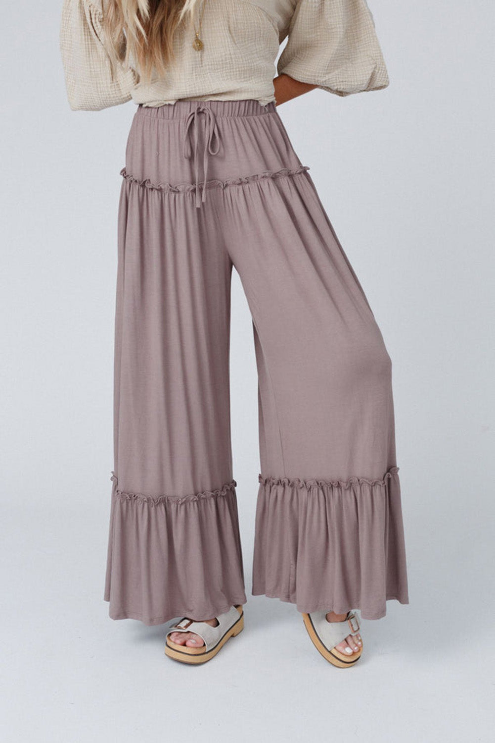 Khaki Frilled High Waist Wide Leg Pants