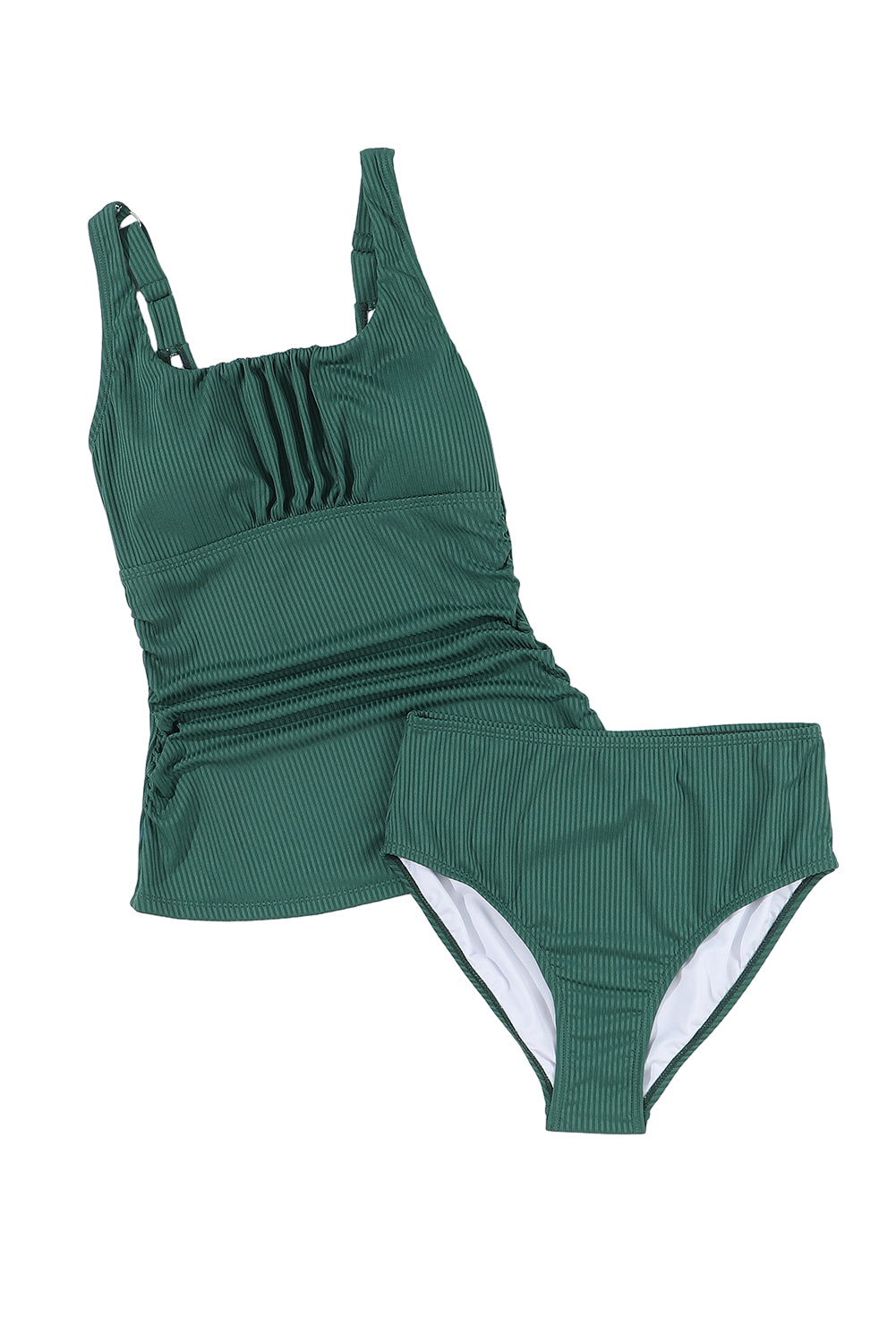 Blackish Green Ruched U Neck Ribbed Tankini