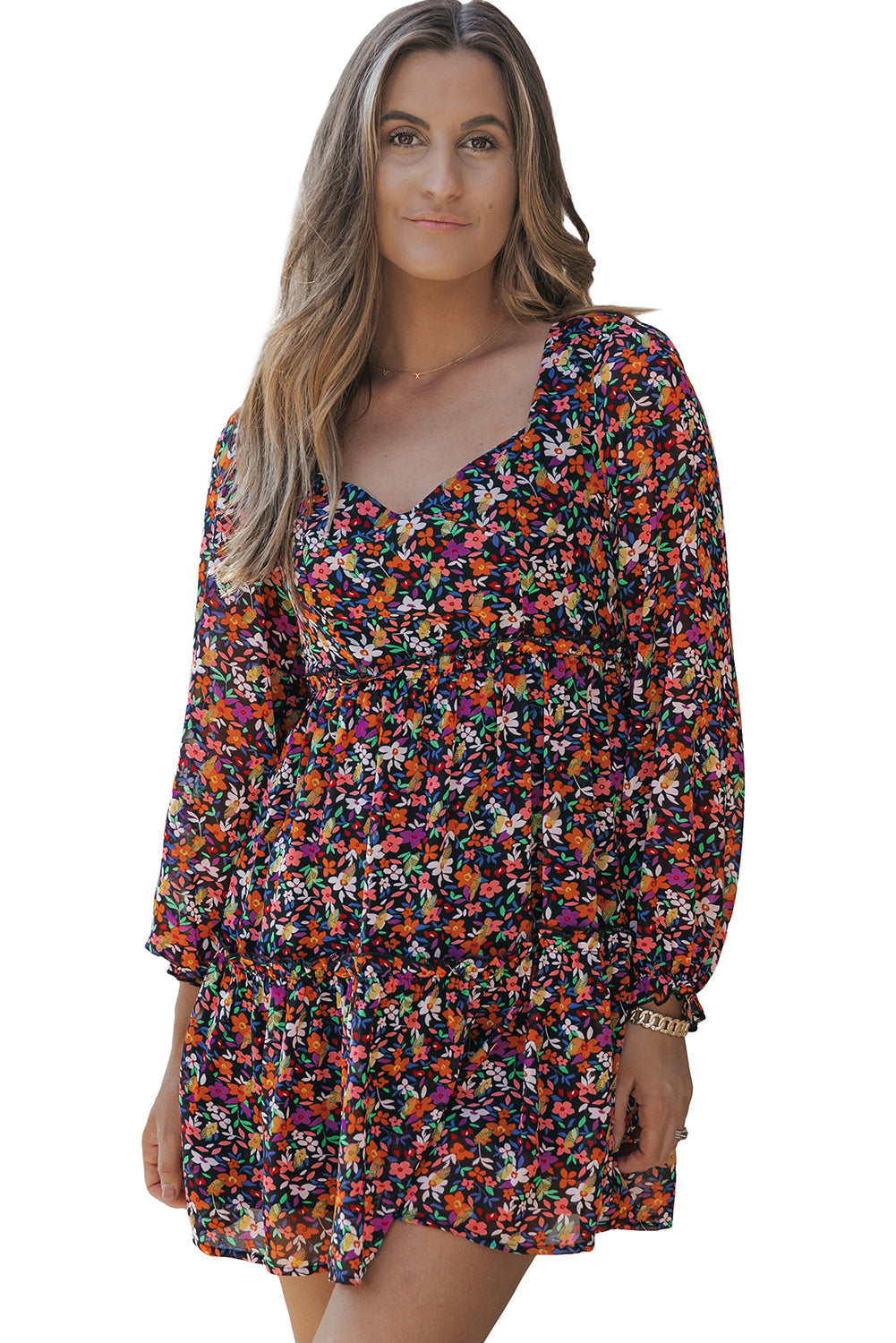 Wrapped V Neckline Long Sleeve Floral Dress