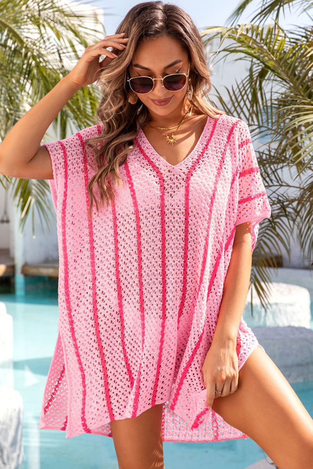 Pink Striped Crochet Neck Beach Cover Up