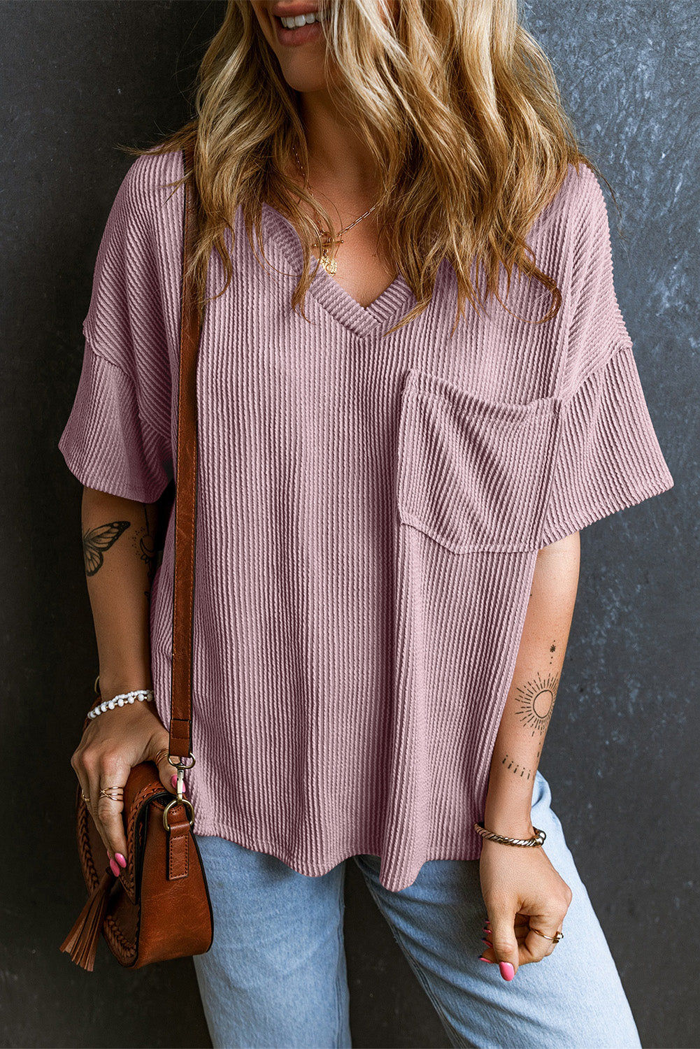 Valerian Corded V-Neck Loose T-shirt