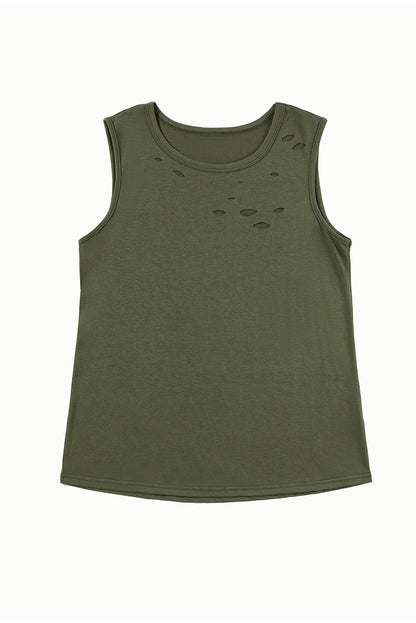 Jungle Green Solid Color Distressed Holes Crew Neck Tank Top