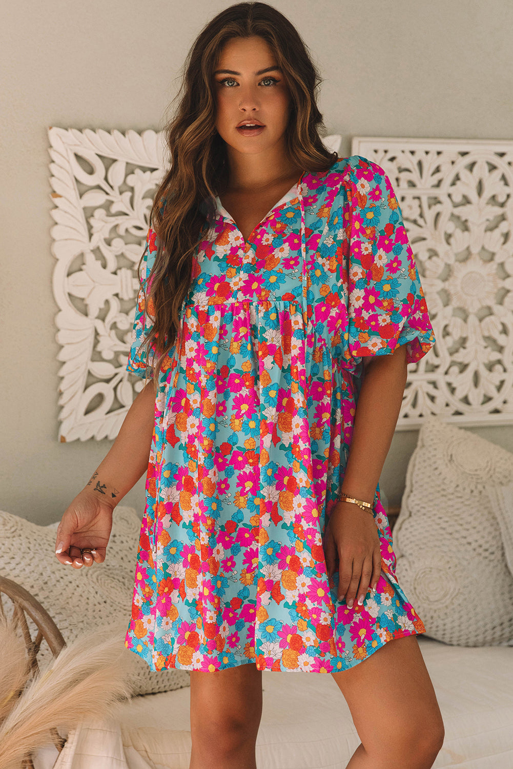 Sky Blue Floral Print Bubble Sleeve Dress