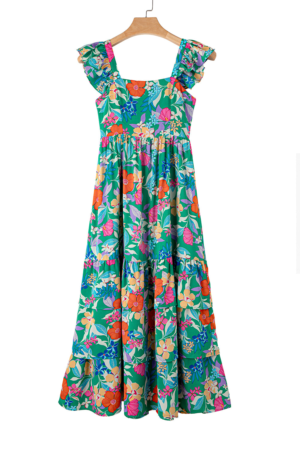 Green Floral Print Ruffle Maxi Dress