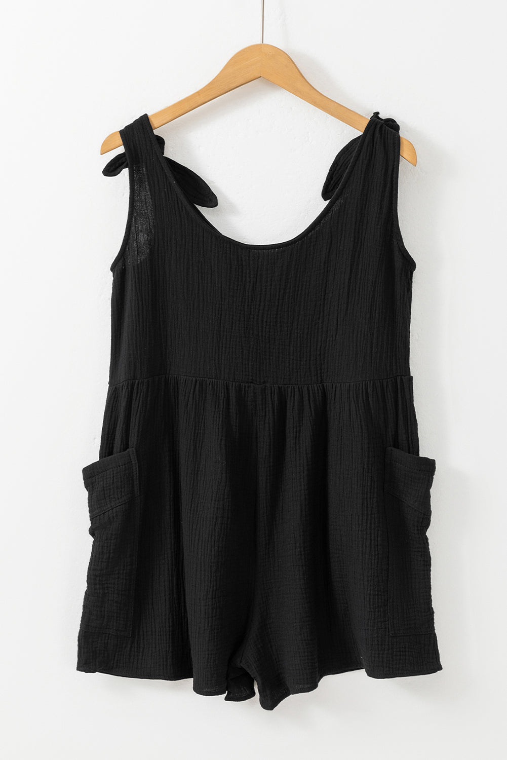 Black Textured Knotted Straps High Waist Wide Leg Romper