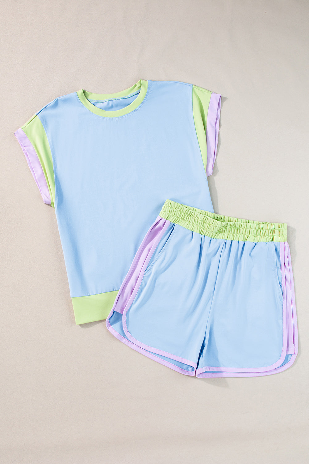 Blue Contrast Trim Cap Sleeve Tee Shorts Set