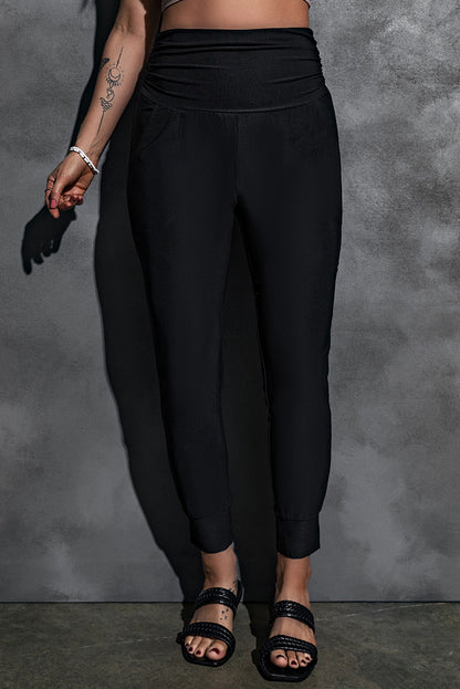 Black High Waist Pleated Pocket Leggings