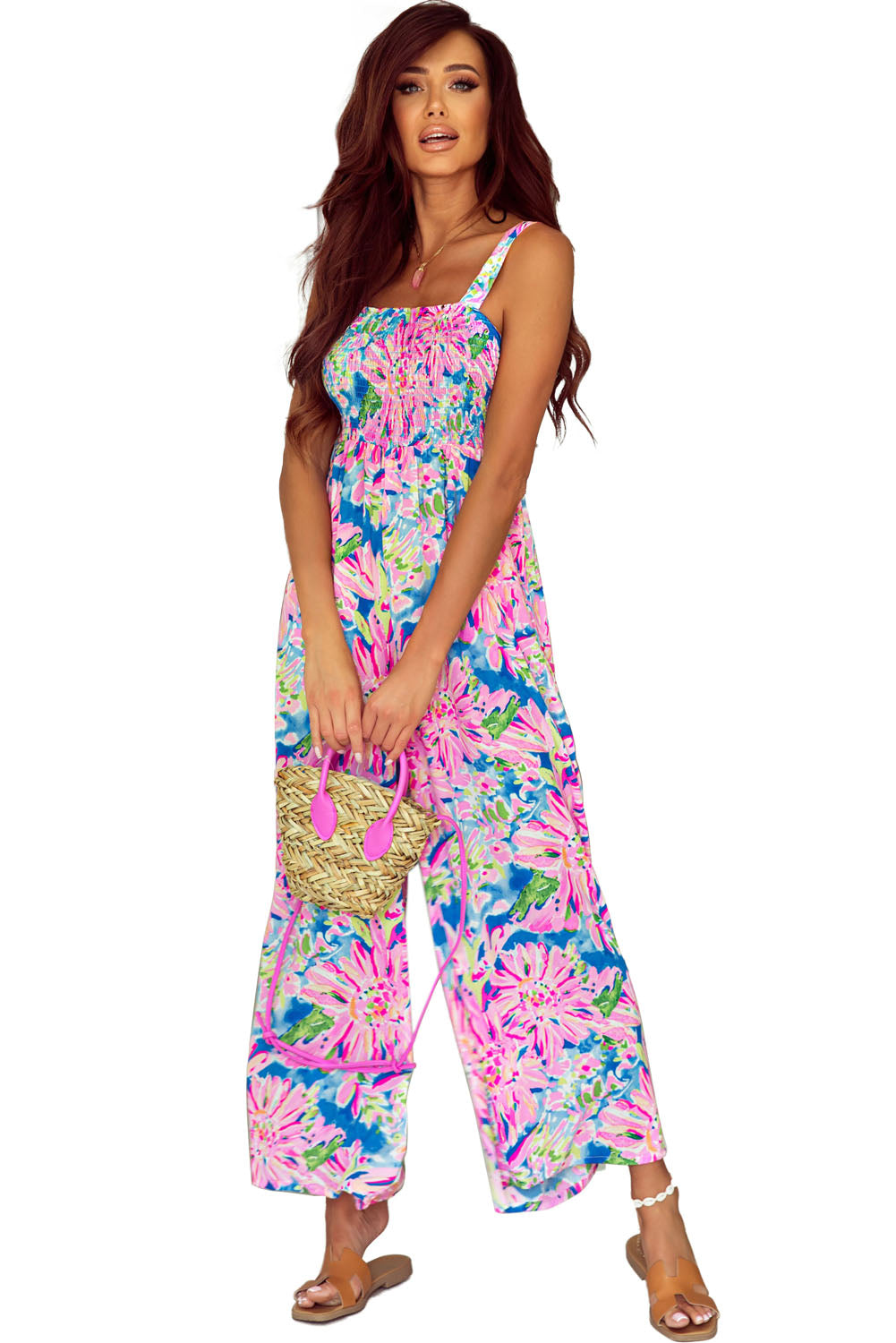 Pink Abstract Floral Painting Wide Leg Jumpsuit