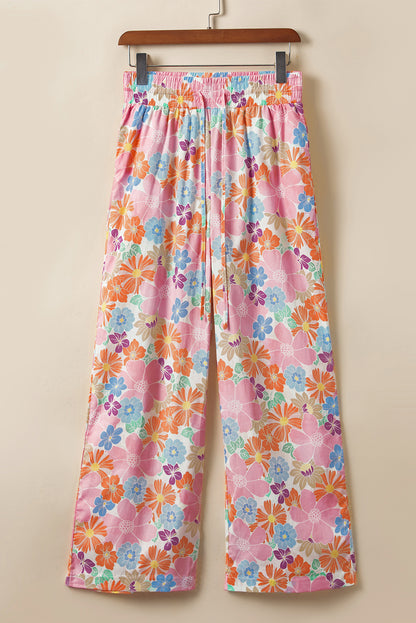 Pink Floral Smocked Waist Loose Pants