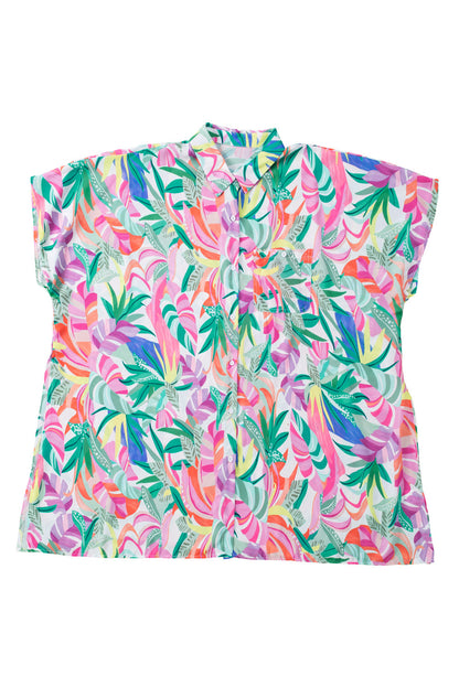 Multicolor Plant Print Button-up Half Sleeve Beach Cover Up