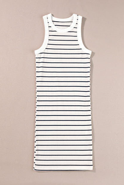 White Stripe Ribbed Knit Tank Mini Dress