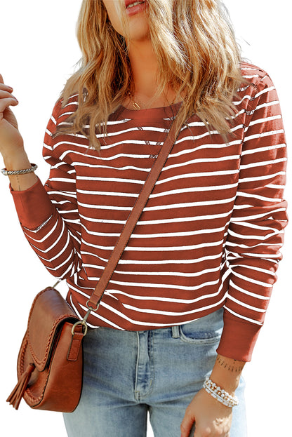 Red Striped Print Ribbed Trim Long Sleeve Top