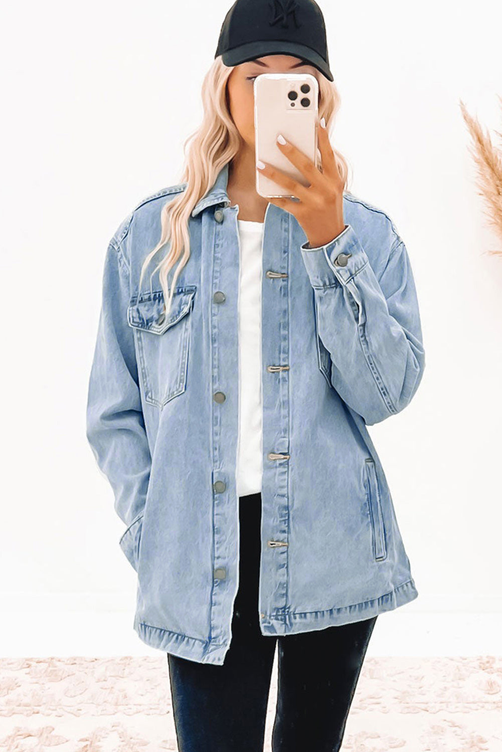 Sky Blue Acid Wash Flap Pocket Boyfriend Shacket