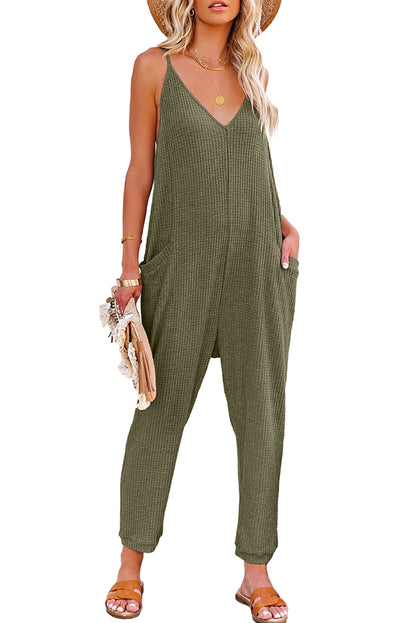 Green Textured Sleeveless V-Neck Jumpsuit