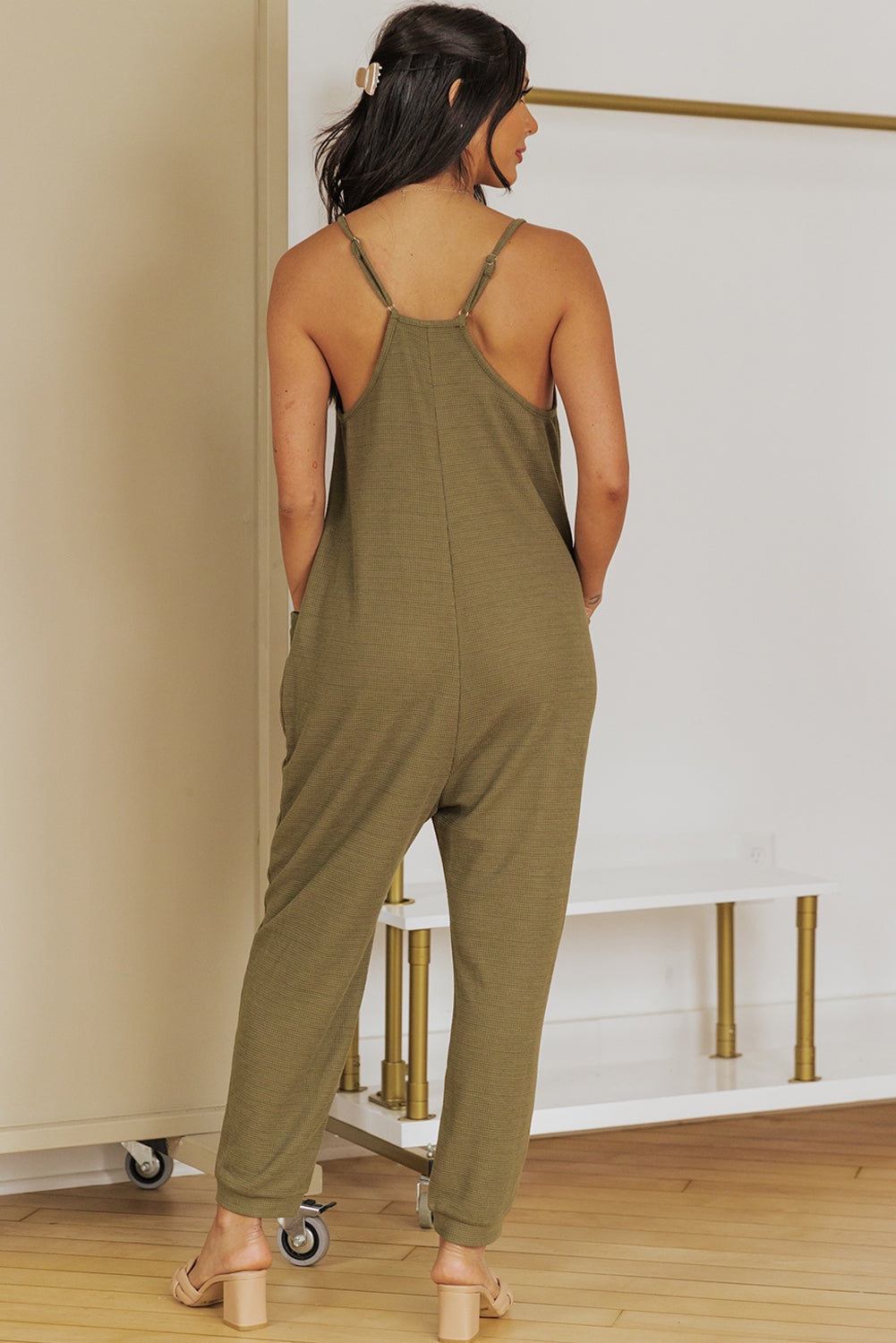 Green Textured Sleeveless V-Neck Jumpsuit