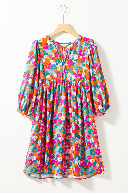 Sky Blue Floral Print Bubble Sleeve Dress