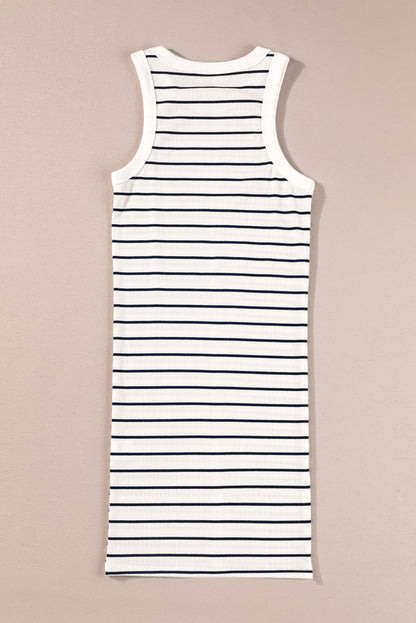 White Stripe Ribbed Knit Tank Mini Dress