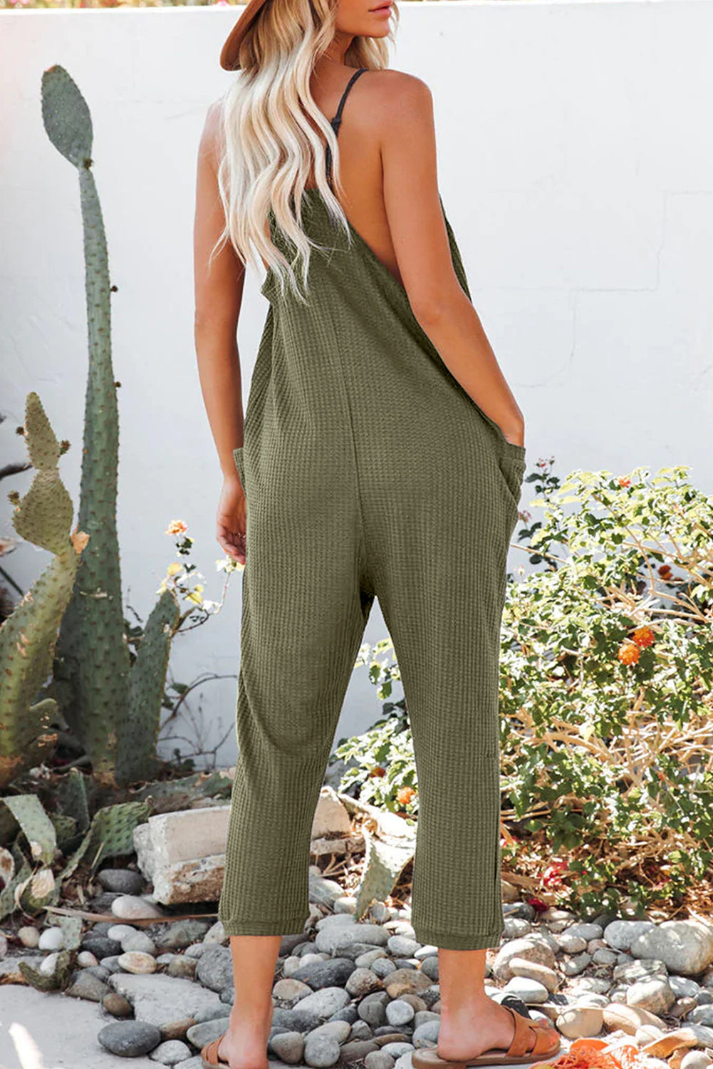 Green Textured Sleeveless V-Neck Jumpsuit