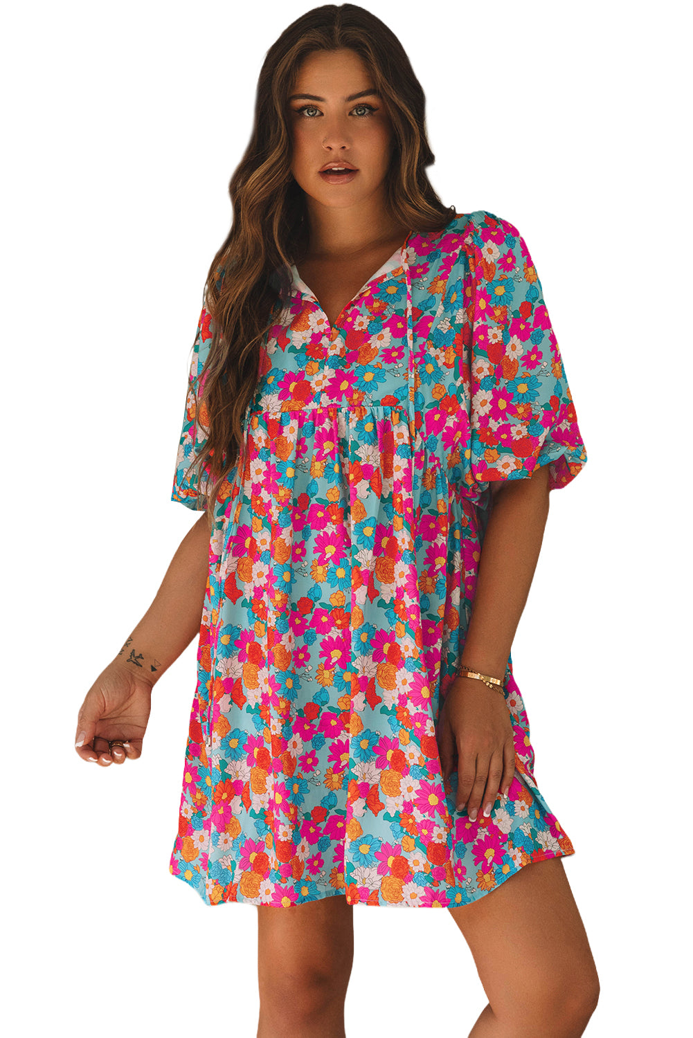 Sky Blue Floral Print Bubble Sleeve Dress