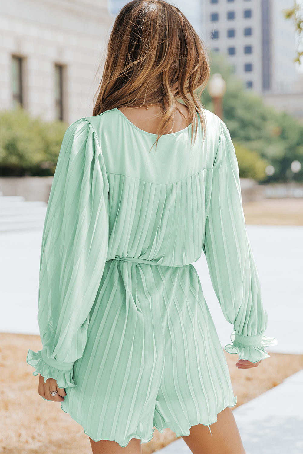 Green Ruffled Tie Waist Romper