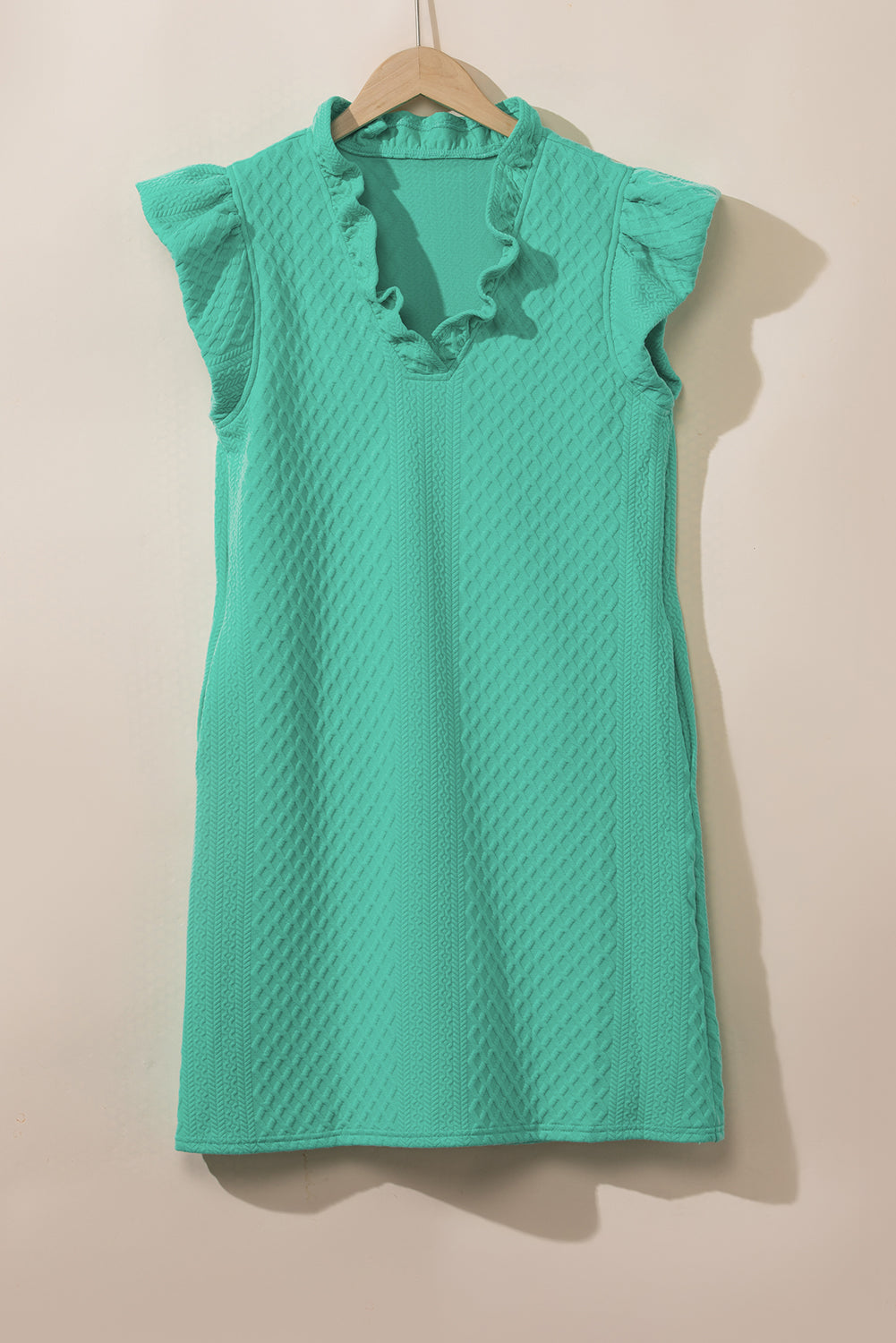 Sea Green Textured Puff Sleeve Ruffled V Neck Shift Mini Dress