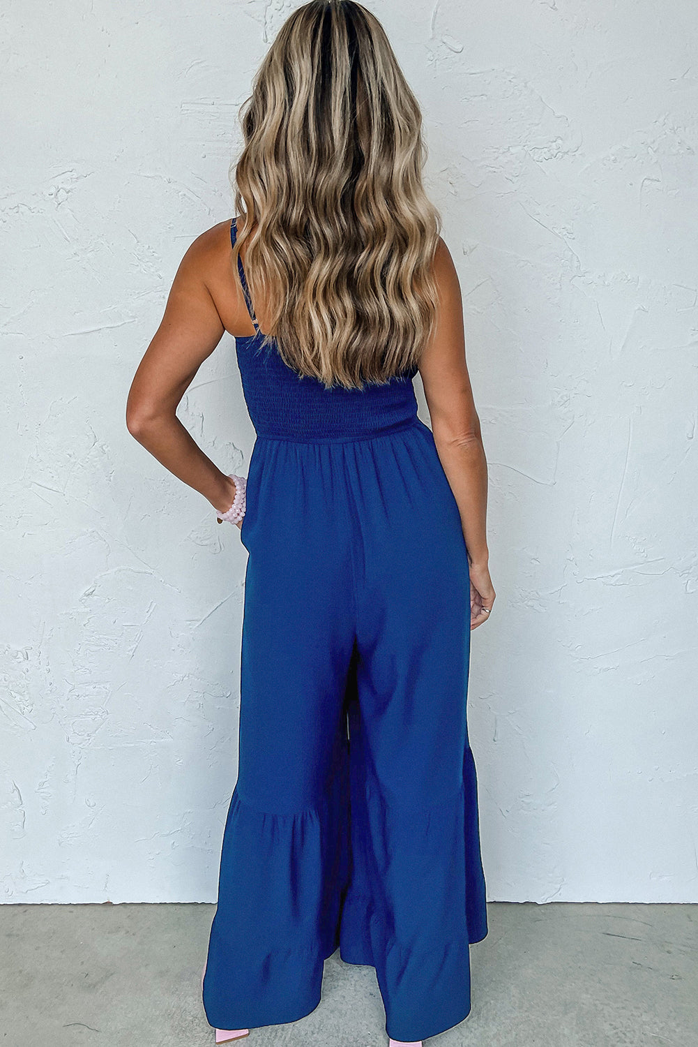 Navy Blue Spaghetti Straps Wide Leg Jumpsuit