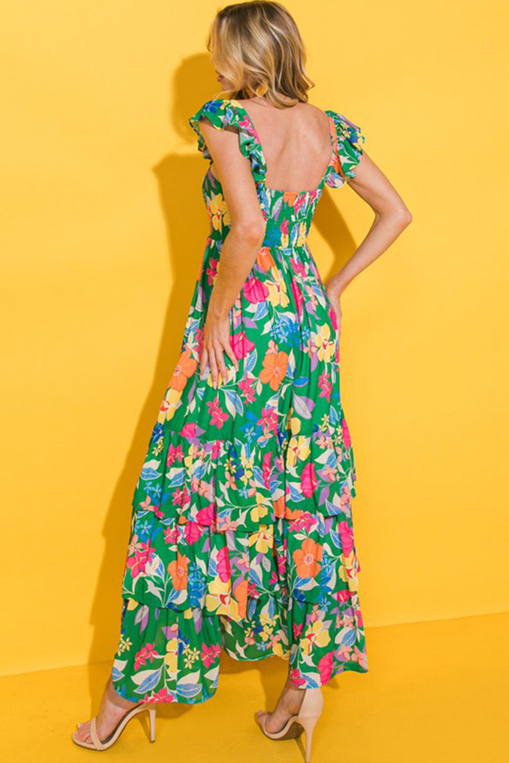 Green Floral Print Ruffle Maxi Dress