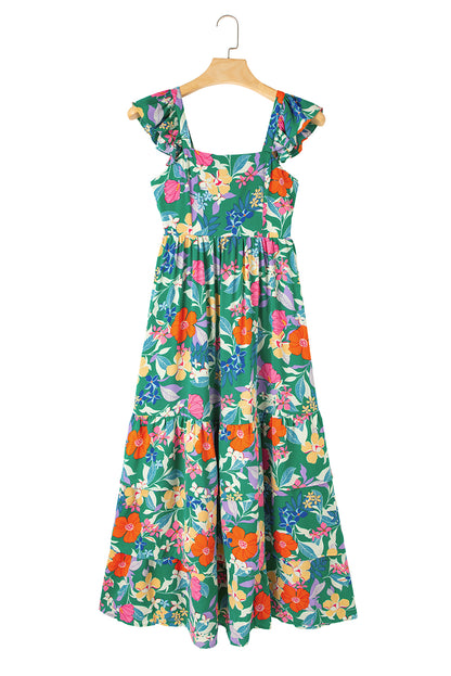 Green Floral Print Ruffle Maxi Dress