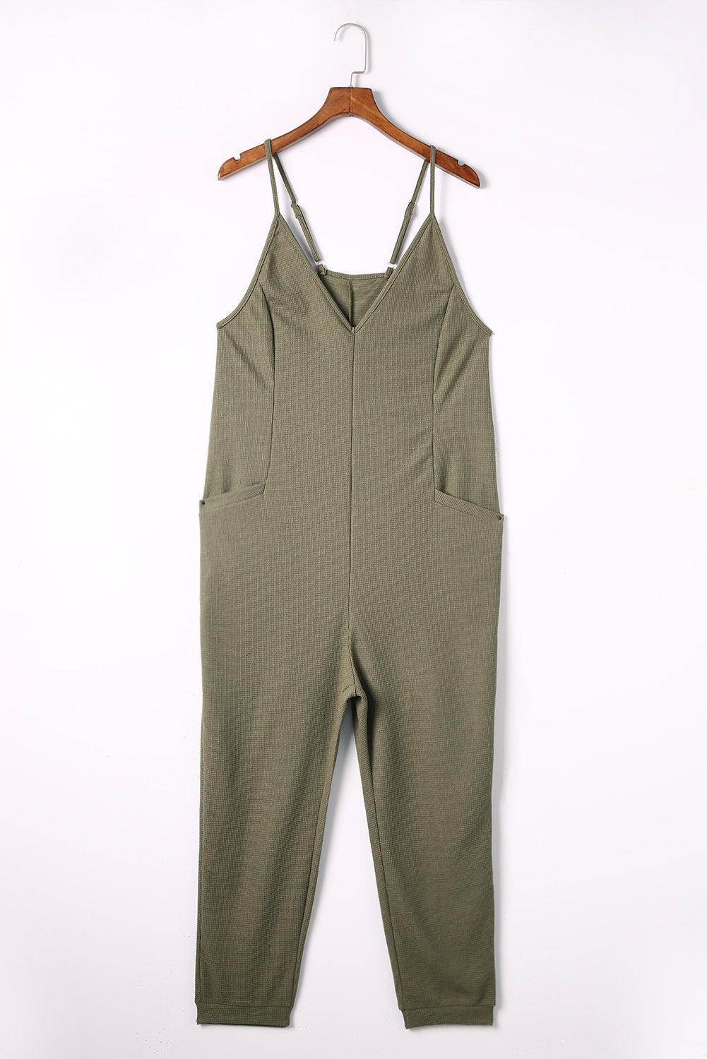 Green Textured Sleeveless V-Neck Jumpsuit