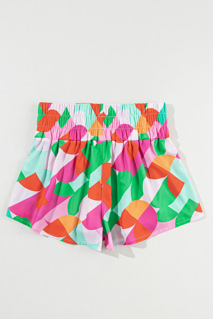 Green Abstract Print Smock Waist Shorts