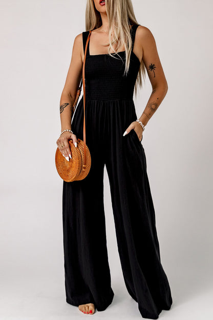 Black Smocked Sleeveless Wide Leg Jumpsuit