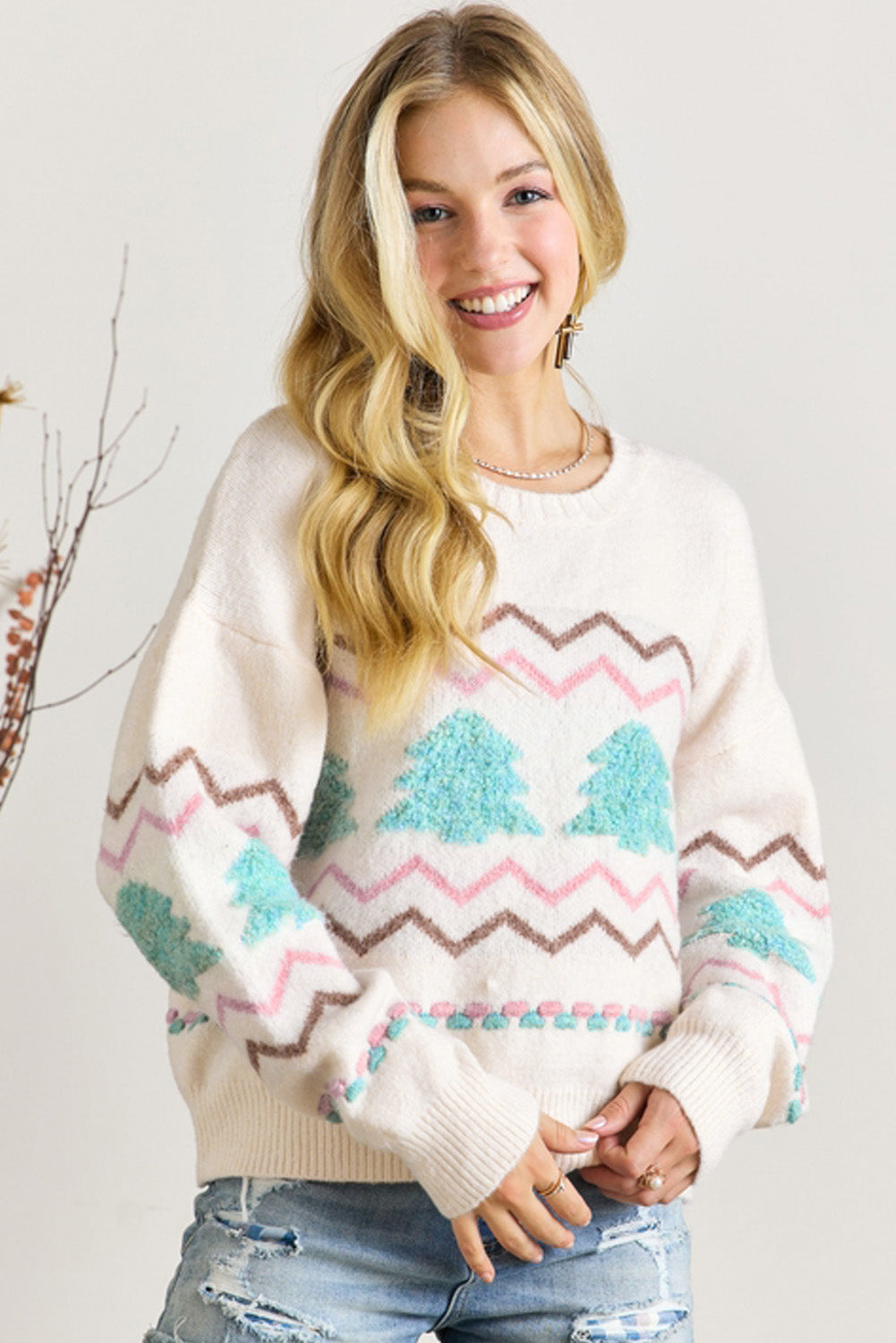 White Striped Christmas Tree Ribbed Trim Drop Shoulder Sweater