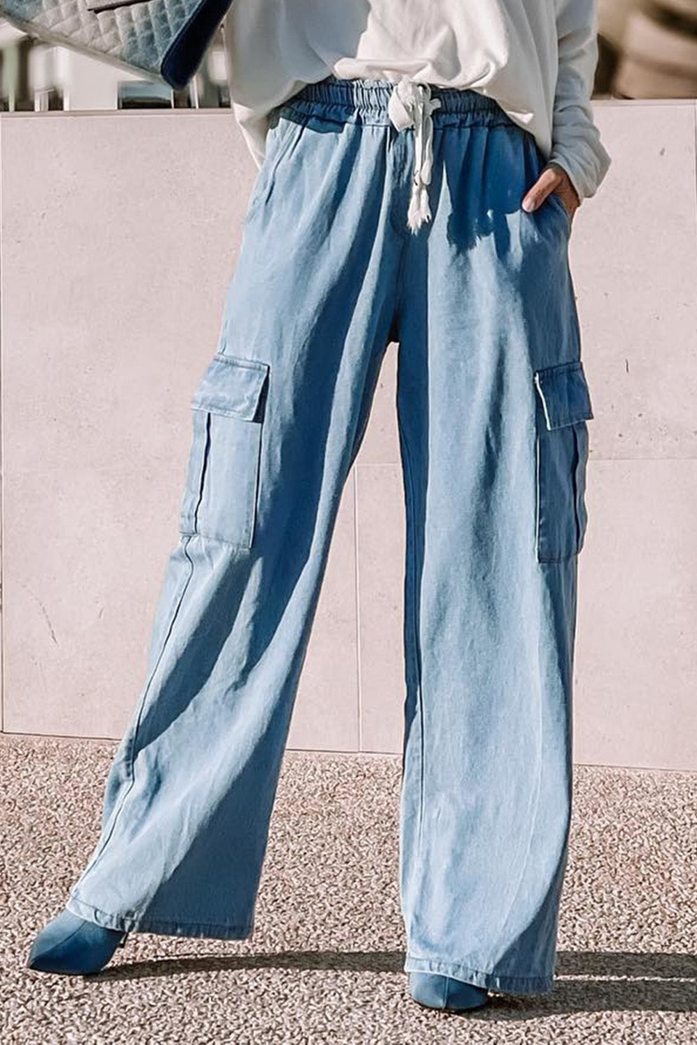 Sky Blue High Waist Cargo Jeans