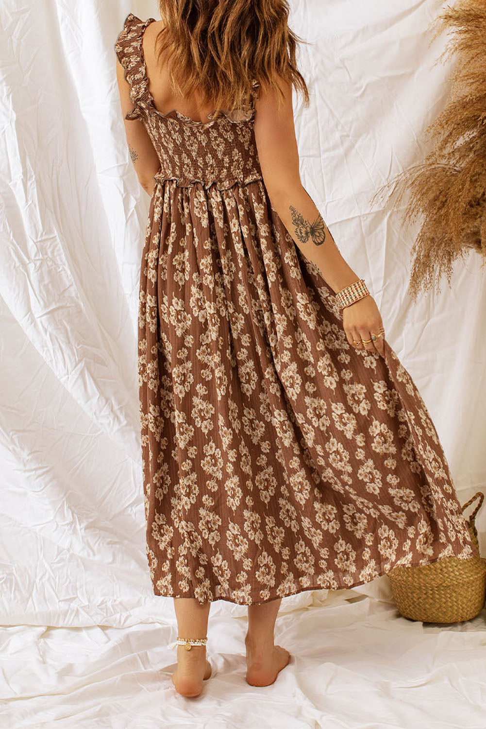 Brown Ruffled Floral Maxi Dress