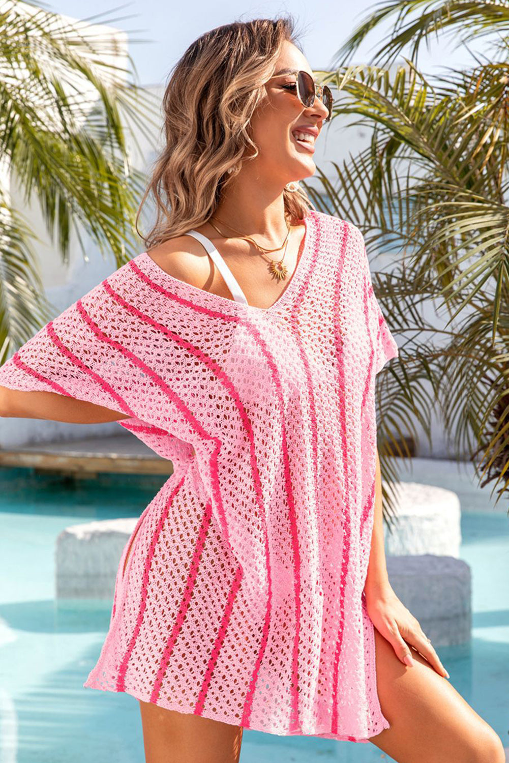 Pink Striped Crochet Neck Beach Cover Up