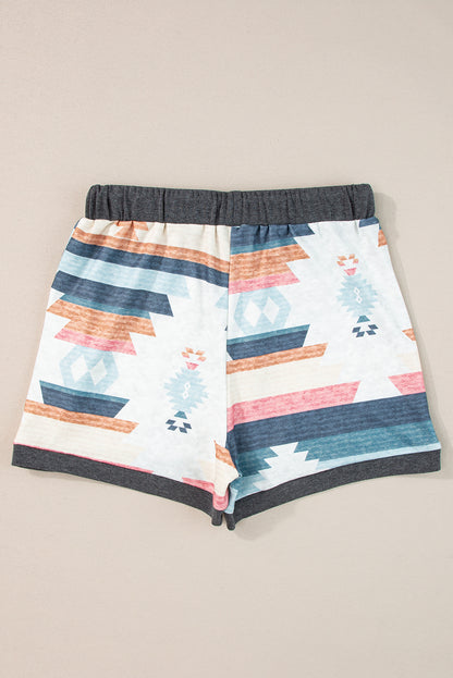 White Print Drawstring Waist Casual Shorts