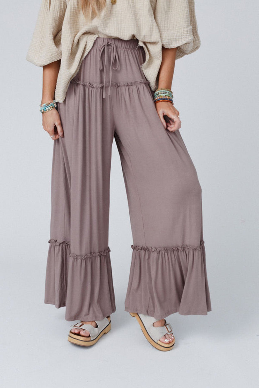 Khaki Frilled High Waist Wide Leg Pants