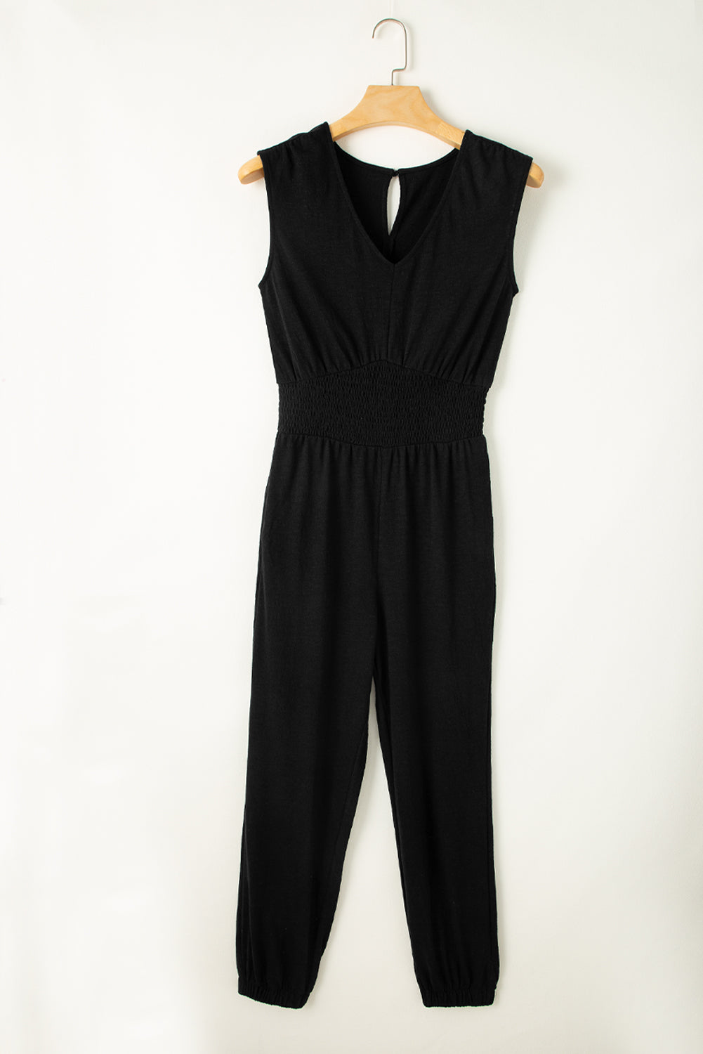 Black Shirred High Waist Sleeveless Jumpsuit