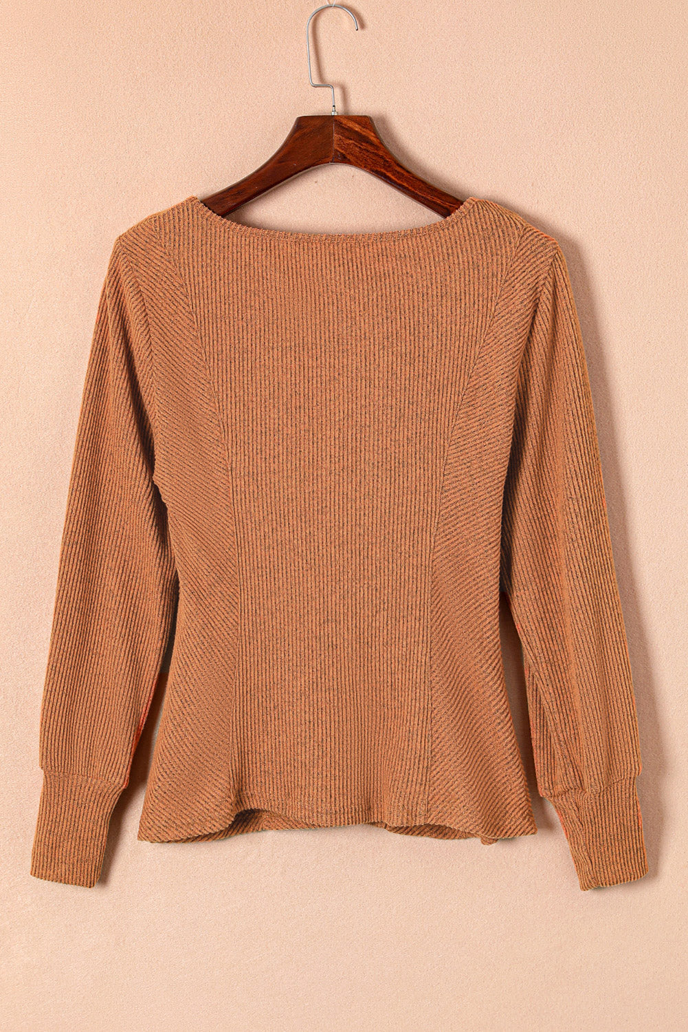 Brown U Neck Textured Long Sleeve Top