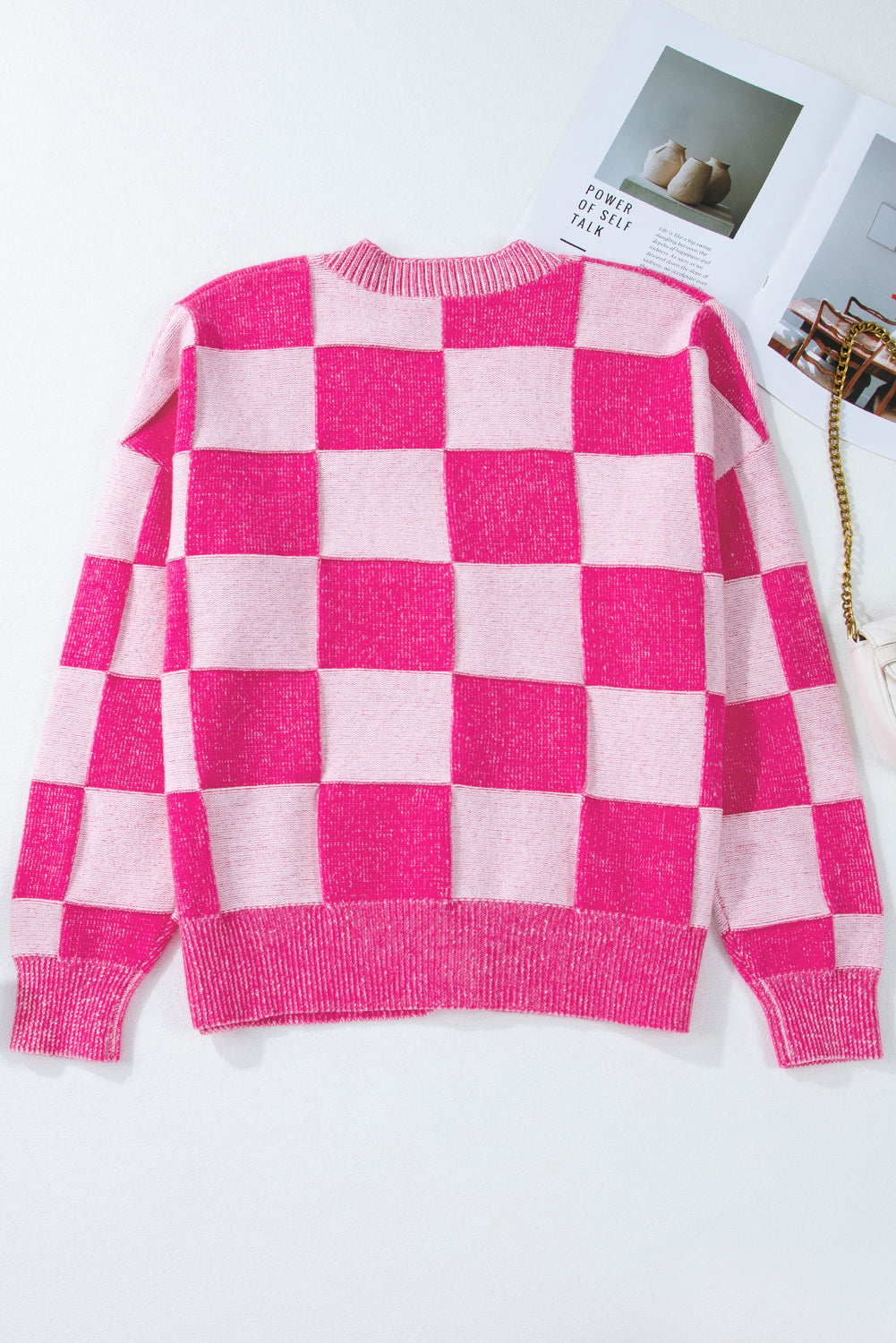 Pink Checkered Drop Shoulder Buttoned V Neck Cardigan