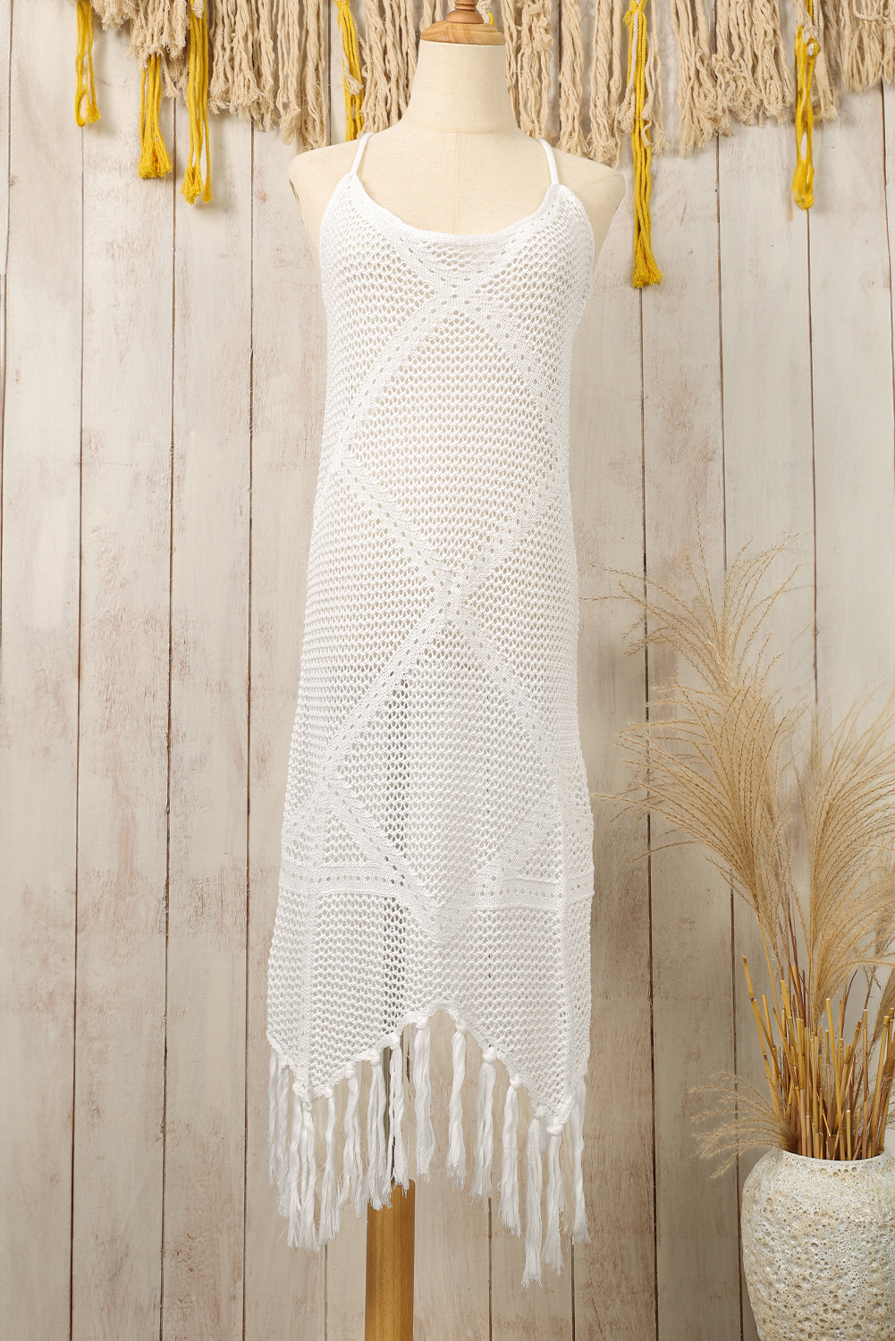 White Crisscross Knot Tasseled Beach Dress