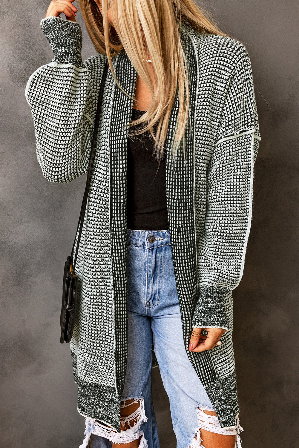 Gray Plaid Knit Long Cardigan